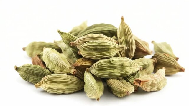 A pile of green cardamom seeds on a white surface