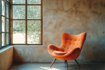 Orange fabric retro lounge chair placed near a window against a beige stucco wall with ample copy space. Rustic farmhouse vintage home interior design for a modern living room, Generative AI