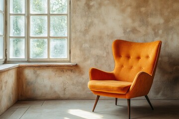 Orange fabric retro lounge chair placed near a window against a beige stucco wall with ample copy space. Rustic farmhouse vintage home interior design for a modern living room, Generative AI