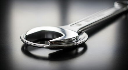 Close-up shot of a shiny, metallic wrench resting on a reflective surface.