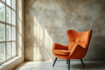 Orange fabric retro lounge chair placed near a window against a beige stucco wall with ample copy space. Rustic farmhouse vintage home interior design for a modern living room, Generative AI