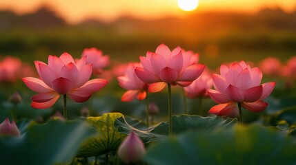 Lotus Flowers at Sunset