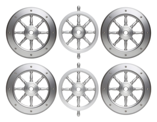 A collection of polished metallic ship wheels symbolizing navigation and maritime adventure.