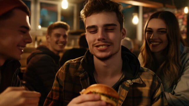 A person eating a hamburger while someone else observes, suitable for food or social context images