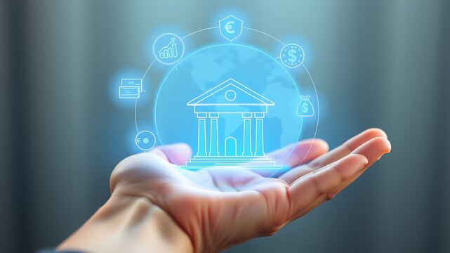 Hand holding glowing financial icons and bank building image - Powered by Adobe