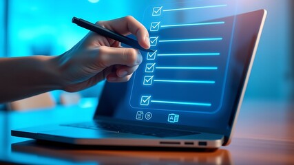 Hand marking digital checklist on laptop screen image