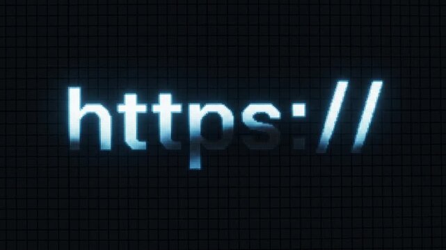 The https prefix for a secure web address glowing in light blue on a dark digital grid, representing internet security and data encryption.