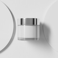 Glass Cream jar and aluminum silver cap mockup, cylindrical skincare Container with electroplating screw lid, round eye cream Packaging, luxury clear glossy glass face cream product packaging mockup