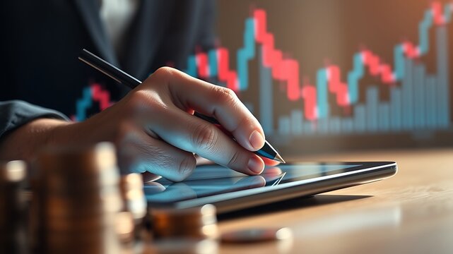 Hand using stylus on tablet with financial chart image