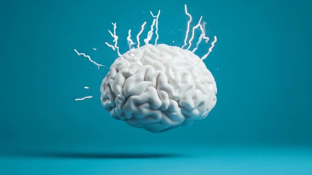 White anatomical brain model ejects white fluid resembling milk or paint on a turquoise background, symbolizing stress, brainstorming, or mental overload