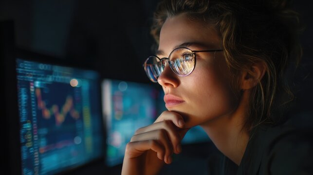 Focused young woman working late night at computer
