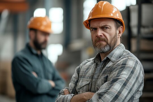 Supervisor scolding an employee in a modern industrial factory for a mistake, illustrating issues with quality control and safety violations, while maintaining workplace professionalism, Generative AI