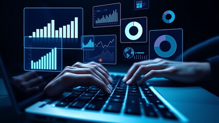 Hands typing on laptop with glowing data charts keyboard