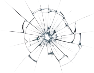 A powerful impact shatters clear glass, creating a dramatic starburst of sharp, fragmented lines.