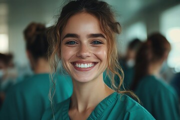 Portrait of happy doctors, nurses, and other medical staff in a hospital, reflecting teamwork and dedication in healthcare, Generative AI