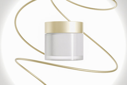 Frost Glass Cream jar and aluminum gold cap mockup, round skincare container with gold screw lid, cylindrical facial cream Packaging, luxury whitening cream product, electroplating cosmetic packaging