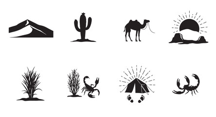 Black desert landscape elements including cactus camel tent and scorpions vector illustration