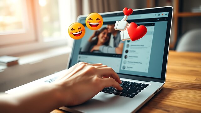Happy faces hearts thumbs up on laptop screen hand typing