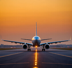 Naklejka premium Commercial Airplane on Runway at Sunset Ready for Takeoff