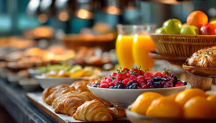 Breakfast buffet with various foods. Fresh fruit, pastries, bread, orange juice at morning meeting. Catering for seminar, business events. Healthy food at corporate events.