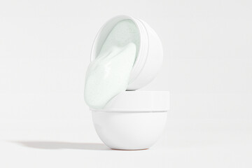 semi-circular cream jar mockup, white skincare Container with white plastic lid, round eye cream Packaging, luxury face cream product, Elegant acrylic cosmetic cream packaging mockup