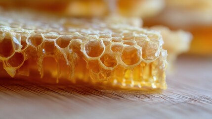 Close-up of a honeycomb. the honeycomb is made up of hexagonal cells, each filled with a golden-yellow liquid. the cells are arranged in a uniform pattern, with some overlapping each other.