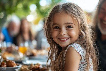 Happy little girl celebrating her grandfathers birthday at a family gathering in a summer garden, highlighting intergenerational bonding and joy, Generative AI