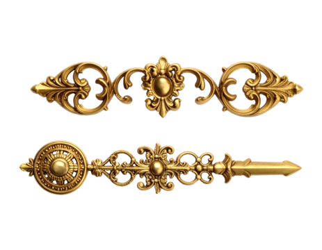 Two elegant golden ornamental pieces showcase rich baroque scrollwork and detailed craftsmanship.