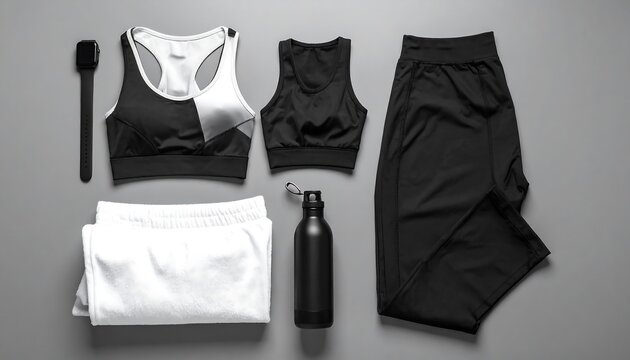 Black and white sports bra yoga pants water bottle and smartwatch fitness equipment on gray background - Powered by Adobe