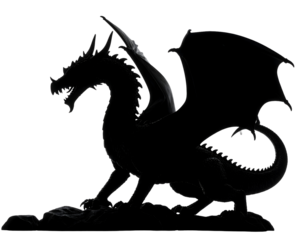 A majestic mythical dragon stands powerfully with its wings partially unfurled in a dramatic silhouette.
