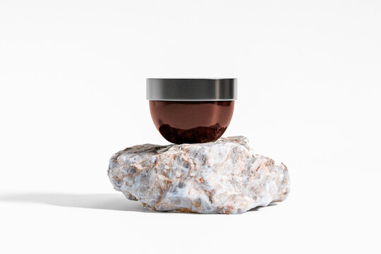 Amber glass cream jar with black plastic lid mockup, round wide mouth UV protective cosmetic jar packaging, semi-circular skincare container, luxury 30 ml facial cream product mockup