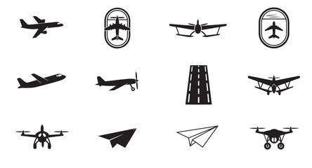Collection of minimalist black and white airplane plane and aviation icons