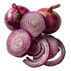 Sliced red onion isolated on White and Transparent Background.