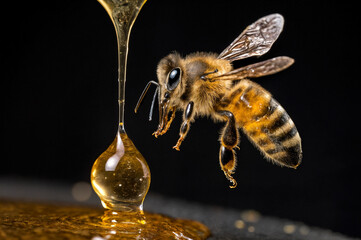 shows a close-up of a bee hovering near a droplet of honey, with a black background. The bee's striped abdomen and clear wings are clearly visible.