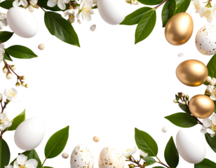 A vibrant display of spring flowers and decorative eggs forms a celebratory frame