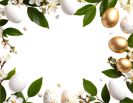 A vibrant display of spring flowers and decorative eggs forms a celebratory frame