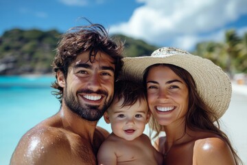 Happy family with their little son enjoying time at the sea in an exotic country, capturing the joy of family vacations and outdoor activities, Generative AI