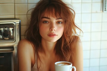 Young woman listening to music and enjoying a cup of coffee in the morning,  moments of relaxation and self-care in her kitchen, Generative AI
