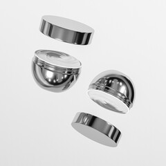 metallic silver cream jar mockup, semi-circular skincare container with electroplating screw lid, luxury chromatic body lotion packaging, glossy aluminium bowl shape facial mask jar mockup