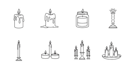 Collection of various burning candles outlined in a minimalist style for design and decoration