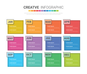 Timeline for 1 year, 12 months, infographics all month planner design and Presentation business can be used for workflow, process diagram, flow chart.