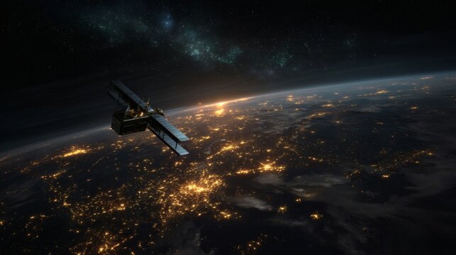 A compact artificial satellite floating through geosynchronous orbit, sun-facing solar arrays glowing faintly, with Earth’s city lights below and distant nebulae in the dark void 