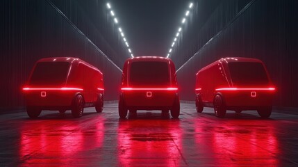 Autonomous delivery vans in a futuristic warehouse