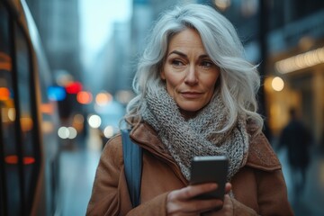 Mature businesswoman scrolling on her smartphone, going home from work, embodying balance between professional success and personal life in a busy city environment, Generative AI