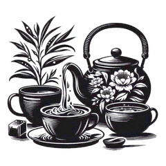 Black and white illustration of a teapot pouring tea into a cup with floral decorations and sugar