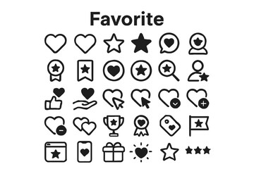 A collection of solid black icons for favorites, likes, and bookmarks