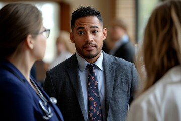 Pharmaceutical sales representative discussing new pharmaceutical products with doctors in a medical building, engaging in meaningful conversations about healthcare advancements, Generative AI