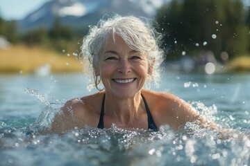 Portrait of an active senior woman swimmer standing and splashing in a lake,  fitness, wellness, and outdoor recreation in a natural setting, Generative AI