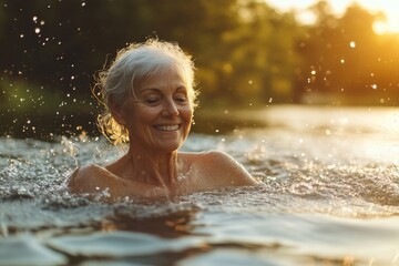 Portrait of an active senior woman swimmer standing and splashing in a lake,  fitness, wellness, and outdoor recreation in a natural setting, Generative AI