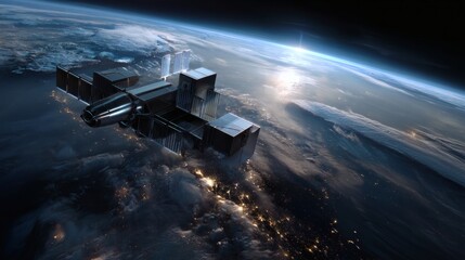 An advanced satellite with retractable modules and reflective titanium surfaces, seen passing over the Pacific Ocean during Earth's twilight phase, with soft light creating highlights and realistic 